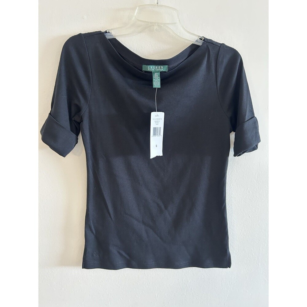 NEW! Lauren Ralph Lauren Roll Tab 3/4 Sleeve Blouse Womens Size S Black Cotton